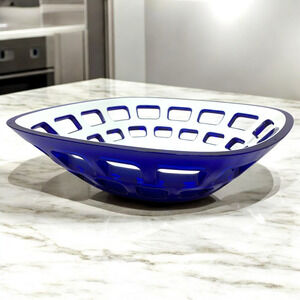 Vintage 1980's Guzzini Royal Blue White Layered Lucite Basket Bowl Italy 10.5”